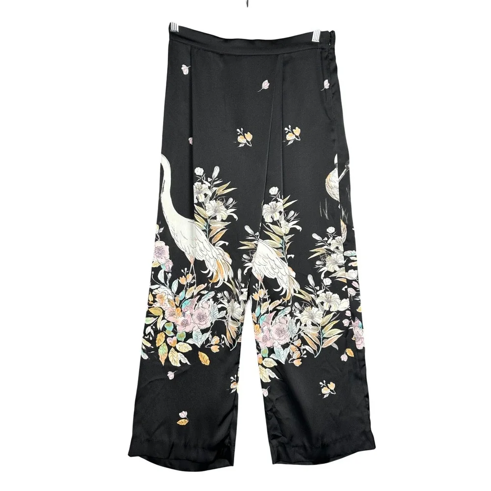 Zara Floral Crane Print Wide Leg Pants Womens Small Black Satin Cropped Pleated - Picture 2 of 14